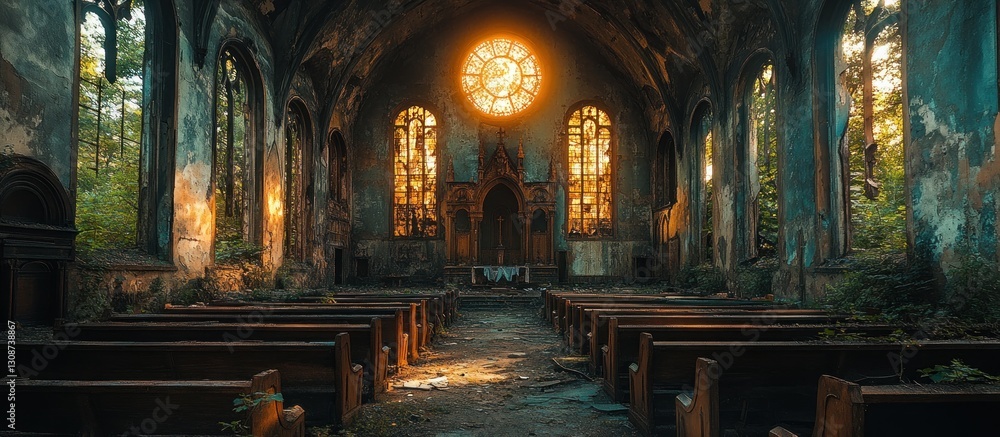 Obraz premium Sunlit Ruins of Abandoned Church Interior