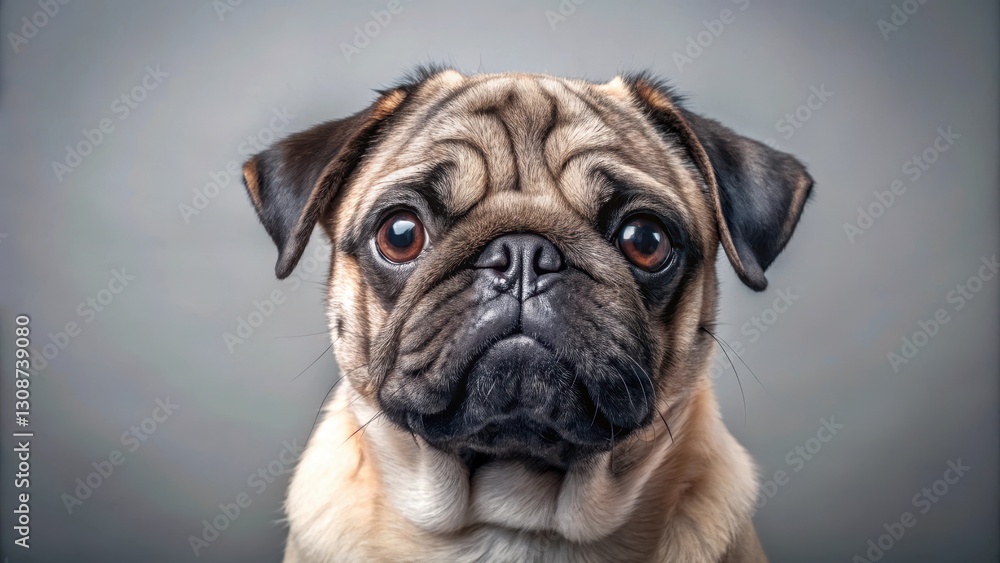 A pug dog with gray fur turns its head to expose half of its face, showcasing its adorable facial features and expressive eyes, puppy dog eyes, animal photography A pug dog with gray fur turns its head to expose half of its face, showcasing its adorable facial features and expressive eyes, puppy dog eyes, animal photography