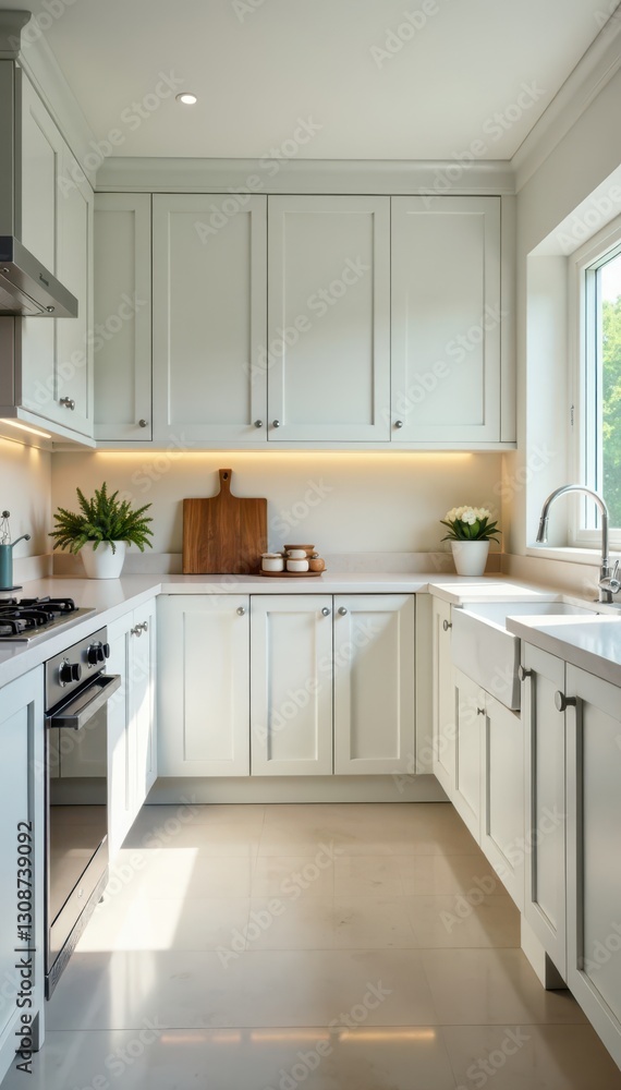 Fototapeta premium Immaculately clean kitchen, gleaming appliances, grout, gleaming