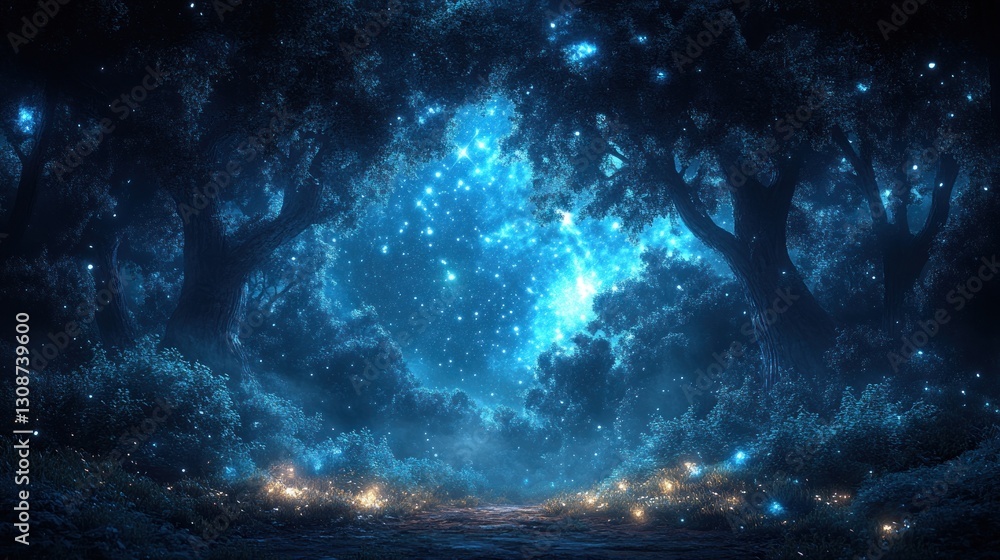 Magical forest path at night with glowing fireflies background for wallpaper Magical forest path at night with glowing fireflies background for wallpaper