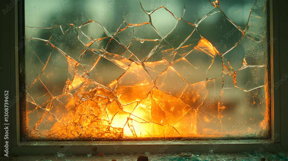 Cracked window: An eye-level shot of a cracked window showcases a fractured pane revealing a fiery or warm glow beyond, offering a glimpse of the unforeseen