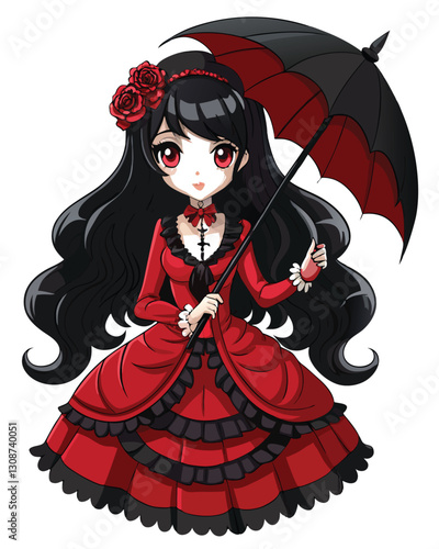 Illustrate a cute goth girl with long, black hair, wearing dark, kawaii-style clothing.  Include bat, spider, and heart motifs.