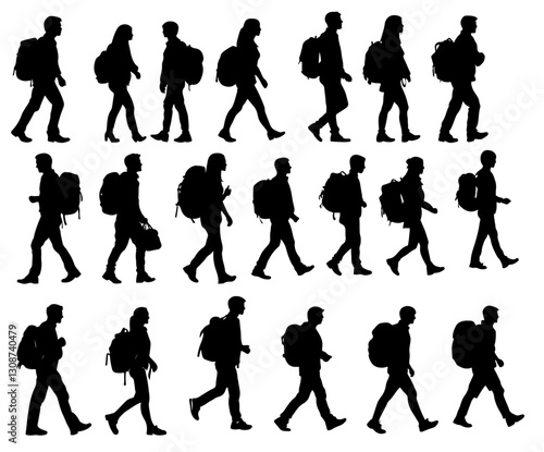 Set of people with back packs silhouettes 