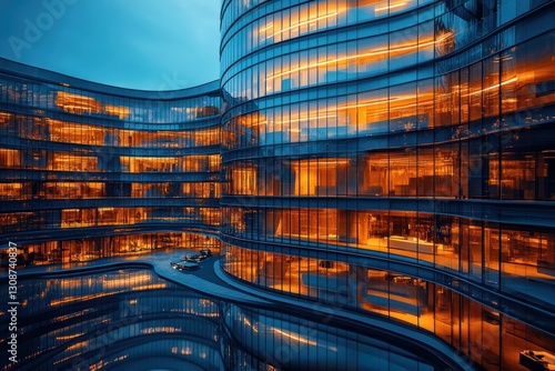 Modern glass office building exterior at dusk with lit interior reflecting in pool