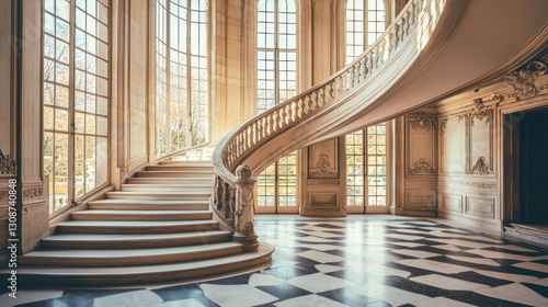 Elegant curved staircase in grand hall with large windows and checkered floor.