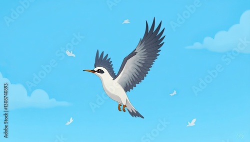 Art flying bird against blue sky background.