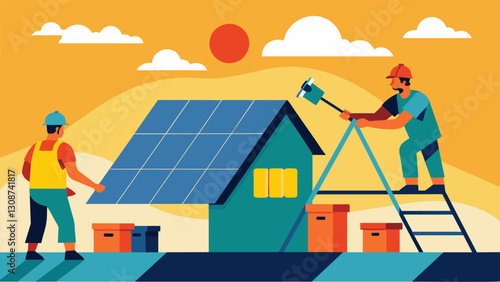 Skilled laborers using stateoftheart equipment to install solar panels on a municipal building.. Vector illustration
