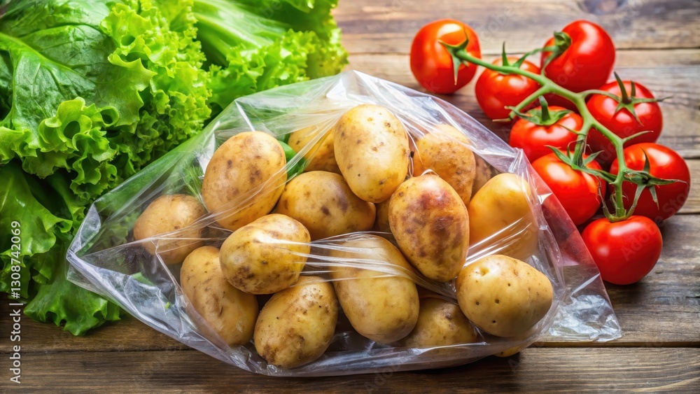 A cluster of fresh potatoes in a clear plastic bag, with some potatoes slightly bruised or torn open, surrounded by crisp lettuce leaves and cherry tomatoes, vegetable, freshness A cluster of fresh potatoes in a clear plastic bag, with some potatoes slightly bruised or torn open, surrounded by crisp lettuce leaves and cherry tomatoes, vegetable, freshness