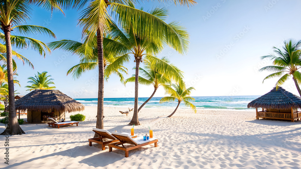 Tropical beach escape with thatched huts & cocktails. Relaxing paradise vibe.