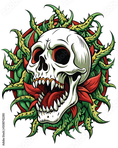 A terrifying screaming skull, intricately entwined and overtaken by vibrant green thorny vines, detailed rendering, dark fantasy art.