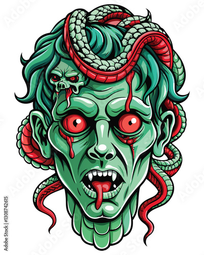 A hyperrealistic depiction of a severed human head, with a venomous snake slithering through a gaping wound, set against a dark, ominous background.