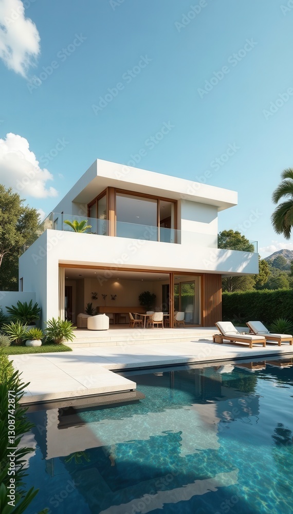 Fototapeta premium Minimalist house, expansive patio, integrated solar array, building, sunlight, panels