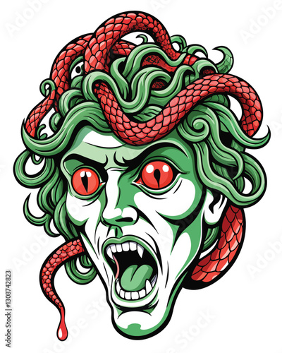 A macabre still life depicting a severed human head, realistically rendered, with a venomous snake slithering through its gaping mouth.