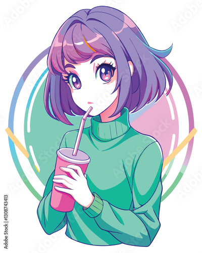 Illustrate a bashful anime girl with short, vibrant purple hair, wearing a large, oversized hoodie.  She's slightly hunched, avoiding eye contact.