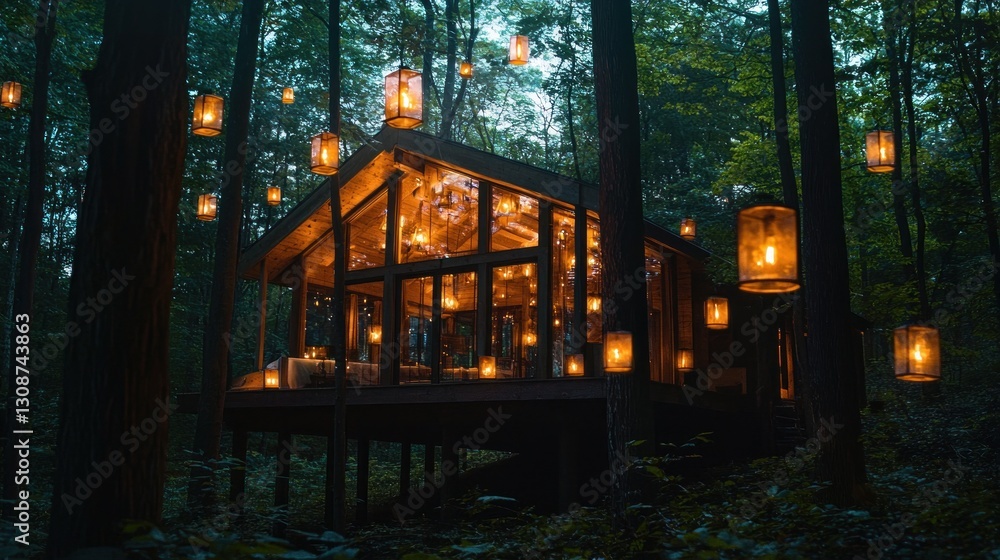 Fototapeta premium Illuminated cabin in woods at night, lanterns hanging from trees.