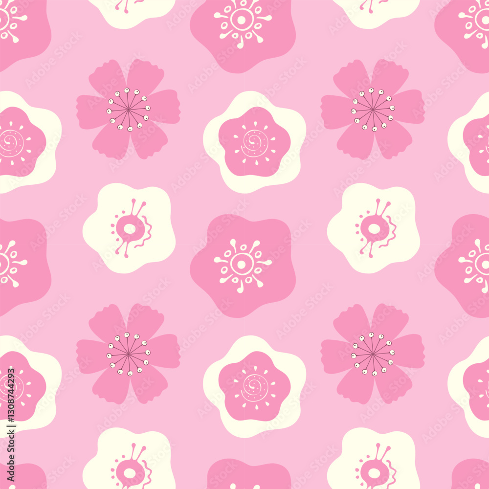 Floral pink pattern with flowers hand-drawn stylized. For textiles, packaging, wallpaper, backdrops. Floral pink pattern with flowers hand-drawn stylized. For textiles, packaging, wallpaper, backdrops.