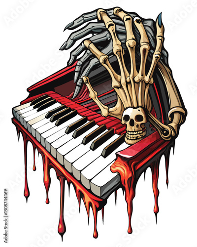 A skeletal hand delicately plays a decaying, broken piano; chipped keys, dripping paint, and a melancholic atmosphere.
