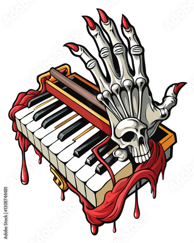 A skeletal hand delicately plays a decaying grand piano; broken keys and dripping liquid surround it, creating a melancholic scene.