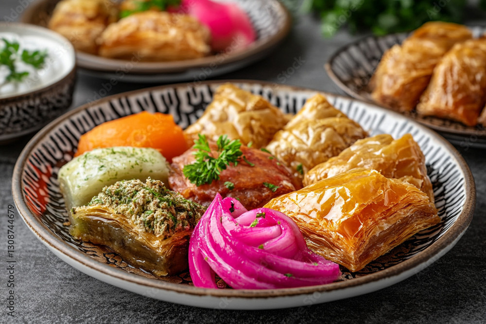 Turkish desserts: baklava, kunefe and lokum on a stylish ceramic plate Turkish desserts: baklava, kunefe and lokum on a stylish ceramic plate
