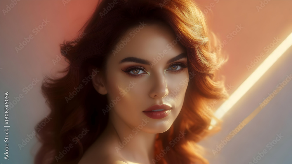 Radiant Woman with Flowing Red Hair Glowing Under Warm Golden Light in a Dreamy Artistic Studio Portrait Radiant Woman with Flowing Red Hair Glowing Under Warm Golden Light in a Dreamy Artistic Studio Portrait