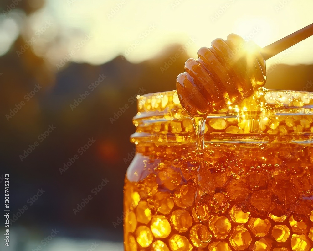 Golden Honeycomb in a Jar Bathed in Sunlight Explore the sweet taste of natural honey with this close-up shot A honey dipper dripping with golden goodness, the image evokes feelings of warmth Golden Honeycomb in a Jar Bathed in Sunlight Explore the sweet taste of natural honey with this close-up shot A honey dipper dripping with golden goodness, the image evokes feelings of warmth