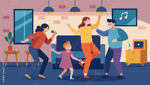 The living room transformed into a makeshift dance floor as family members groove to their favorite music.. Vector illustration