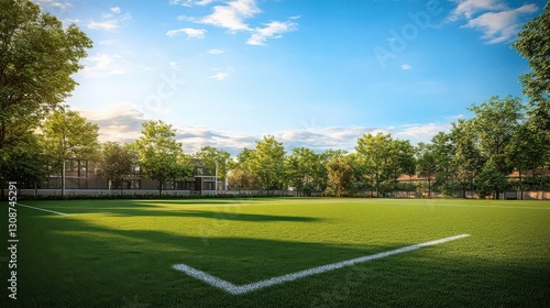 Wallpaper Mural A lush green sports field with vibrant trees and clear sky Torontodigital.ca