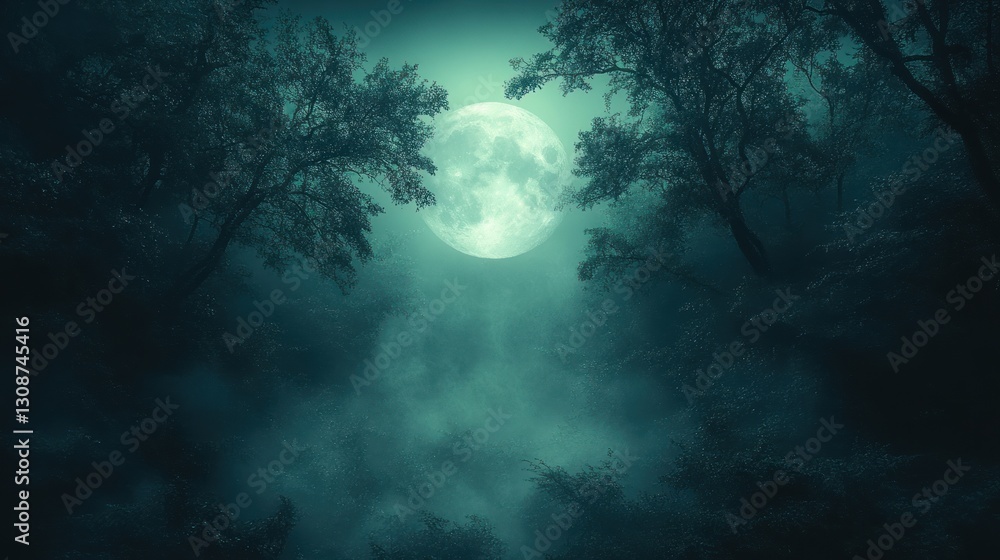 Naklejka premium Misty forest moonlit night