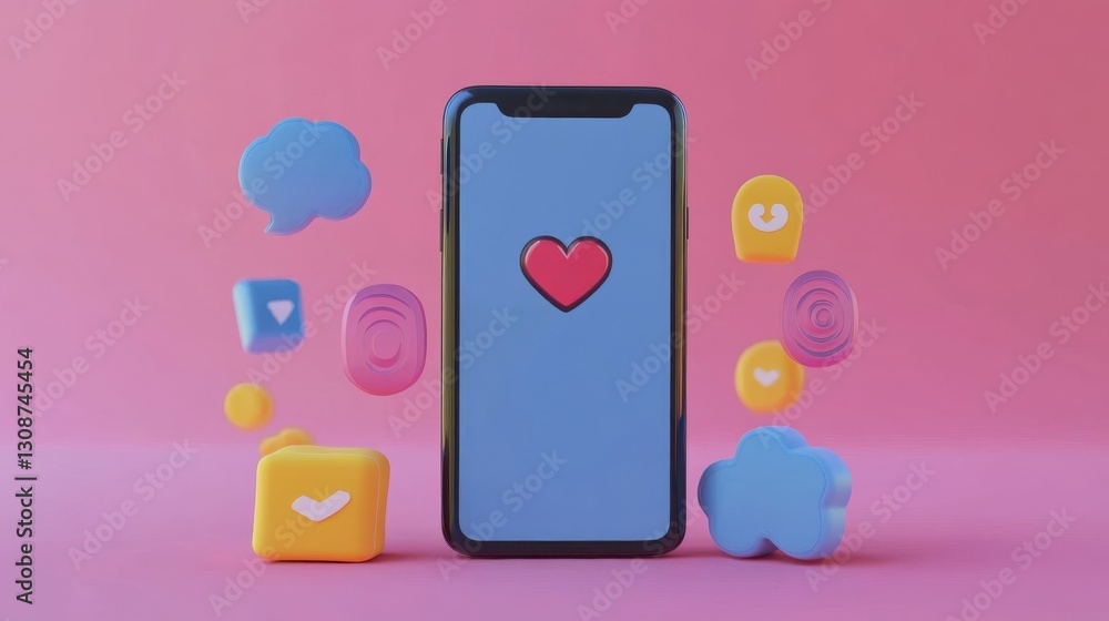 A smartphone showing a heart surrounded by animated app icons A smartphone showing a heart surrounded by animated app icons