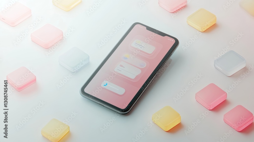 A smartphone with a screen is surrounded by colorful geometric shapes A smartphone with a screen is surrounded by colorful geometric shapes