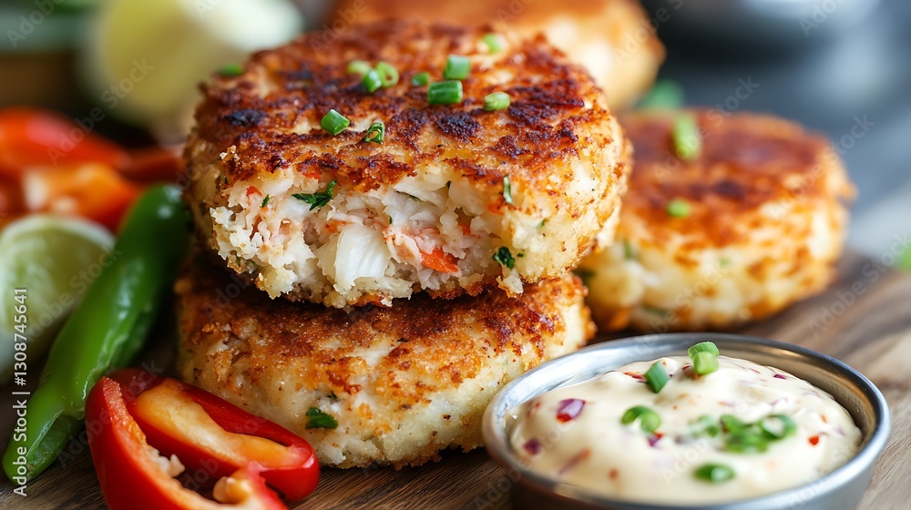 Close-up of Delicious Crab Cakes Stacked with Sauce and Vegetables Close-up of Delicious Crab Cakes Stacked with Sauce and Vegetables