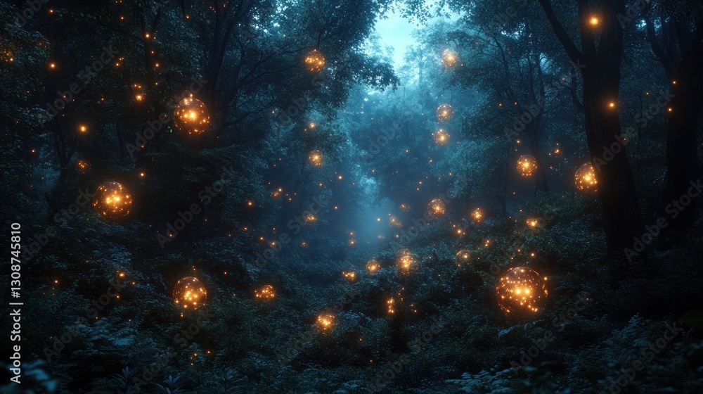 Naklejka premium Enchanting glowing orbs in a mystical forest at night
