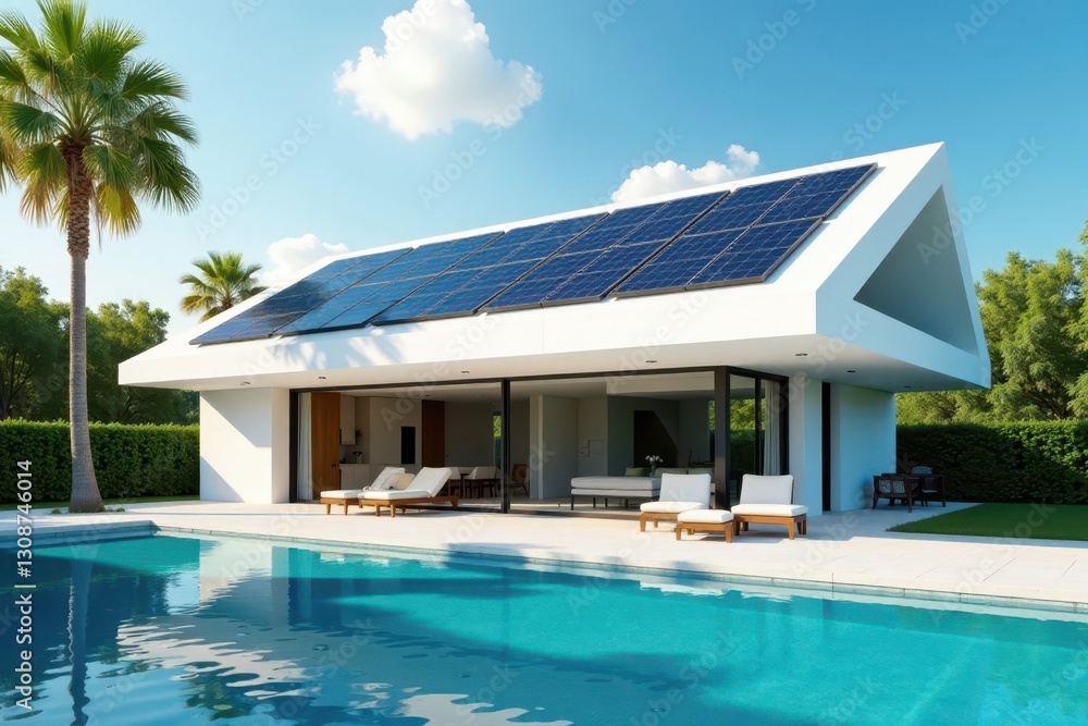 Fototapeta premium Geometric solar panels atop minimalist house, sparkling pool , sky, clean lines