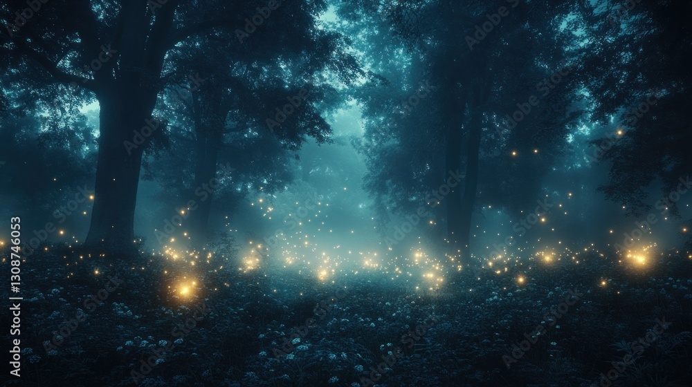 Misty forest path lit by fireflies at night Misty forest path lit by fireflies at night