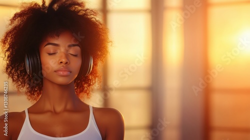 Relaxing moments of a young woman with headphones meditating indoors during sunset Free Download Relaxing moments of a young woman with headphones meditating indoors during sunset - GFXLoad