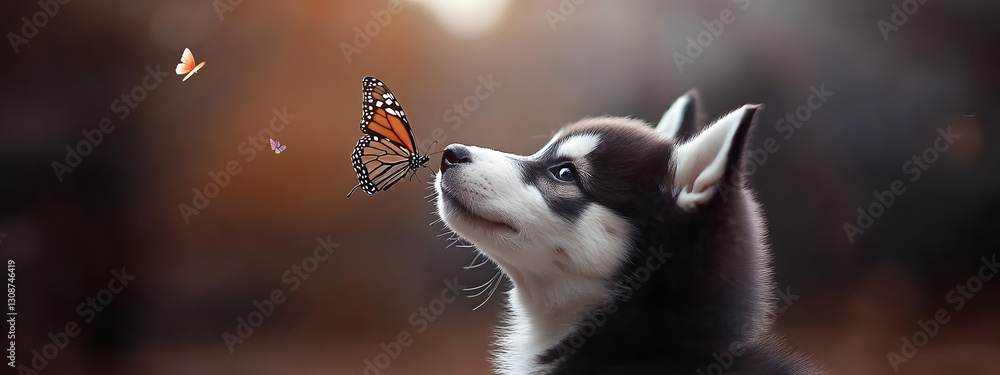 Obraz premium A cute husky puppy with a butterfly perched on its nose 