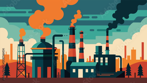 The smell of petroleum hangs thick in the air a constant reminder of the industrial activity taking place within the refinerys walls.. Vector illustration