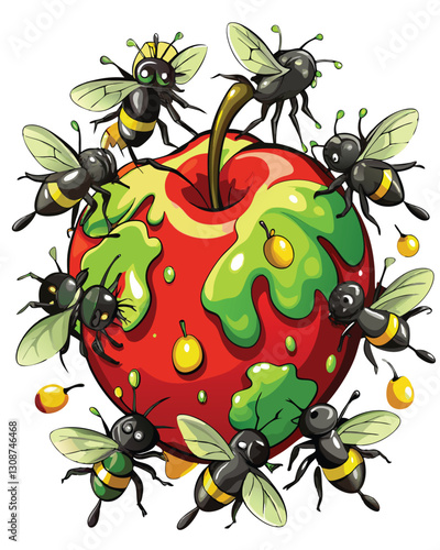 A detailed close-up of a decaying apple surrounded by a dense swarm of houseflies, emphasizing the texture of the rotting fruit and the insects' activity.