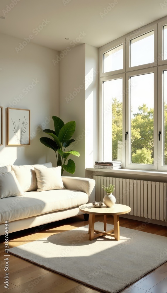 Fototapeta premium Modern minimalist living room, sunlight streaming in, interior design, cozy