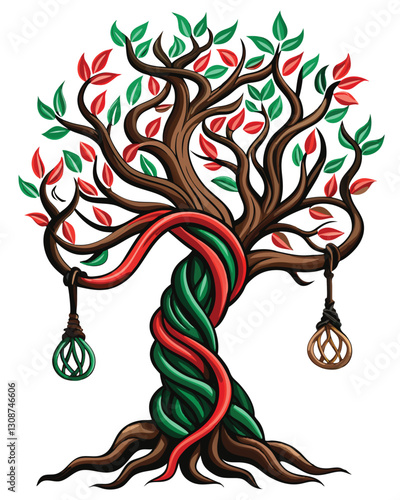 A gnarled, twisted tree with several visible nooses hanging from its branches; ominous, dark, and unsettling scene.  Hang tight.