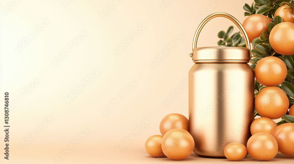 A stylish golden jar is placed next to a cluster of vibrant oranges, creating a fresh and elegant display against a soft, neutral background. A stylish golden jar is placed next to a cluster of vibrant oranges, creating a fresh and elegant display against a soft, neutral background.