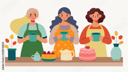 Women in aprons manning their tables proudly displaying their handknitted scarves crocheted blankets and handpainted pottery.. Vector illustration
