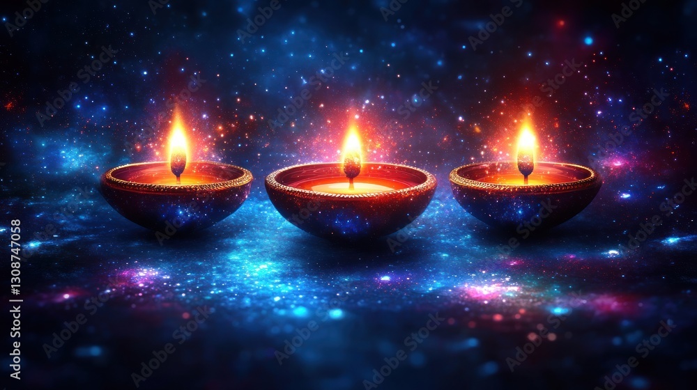 Three glowing diyas (oil lamps) against a cosmic background. Three glowing diyas (oil lamps) against a cosmic background.