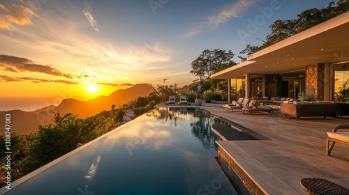 A stunning luxury villa is showcased at sunset, complete with a swimming pool and elegant outdoor seating, creating a serene and opulent ambiance photo