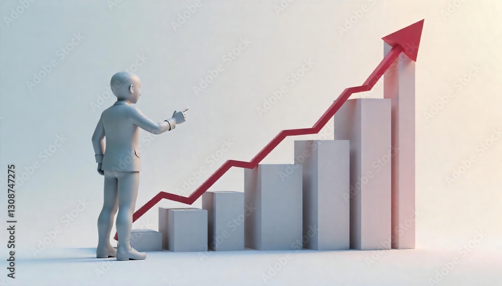 3D Render Businessman Figure Observing Upward Trending Bar Graph Financial Growth Concept 3D Render Businessman Figure Observing Upward Trending Bar Graph Financial Growth Concept
