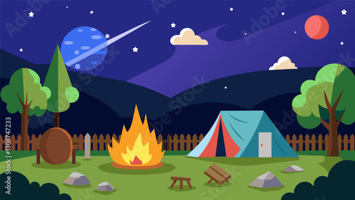 Setting up a makeshift campsite in the backyard to stay up all night and observe a meteor shower.. Vector illustration photo