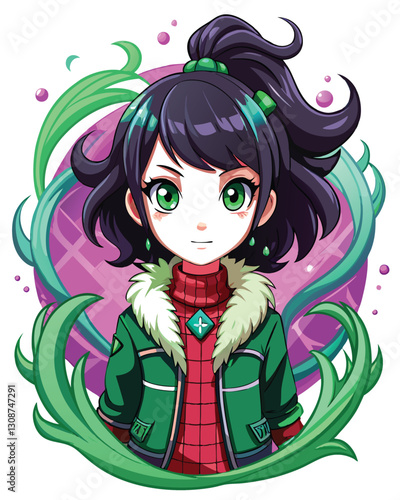 Render a realistic, yet cute anime girl with incredibly detailed, tangled jet-black hair.  Emphasis on realistic skin texture and expressive eyes.