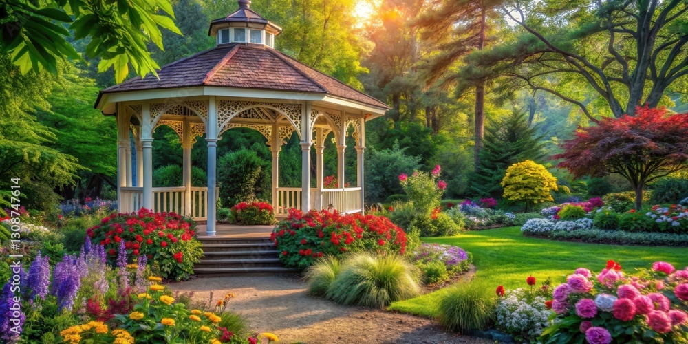 Obraz premium Romantic gazebo amidst vibrant greenery with vibrant flowers and foliage