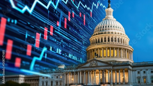 High-tech economic illustration of the US Capitol with virtual financial growth indicators, digital transformation of government financial policies