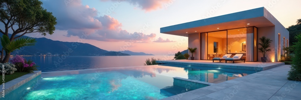 Fototapeta premium Solar powered modern house with infinity pool , geometric, contemporary design